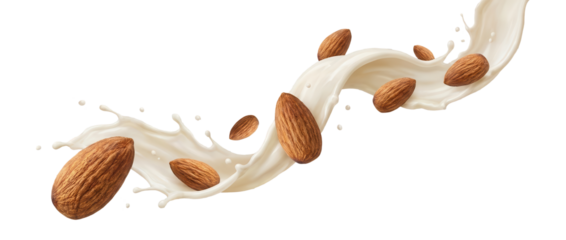 Almonds splashing in creamy milk creating dynamic motion and visual appeal for food photography