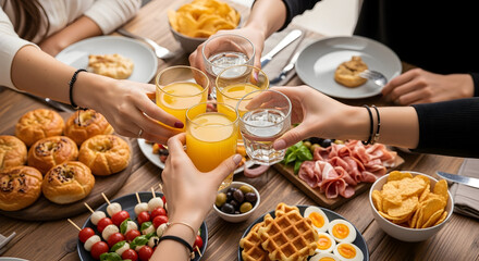 Friends celebrating with a toast over a delicious buffet spread, featuring pastries, charcuterie, and fruit skewers.