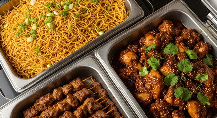 Delicious Buffet Spread with Noodles, Kebabs, and Glazed Chicken