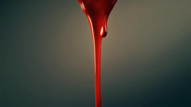 Red blood drop slowly stretches and drips against a dark background, macro close-up