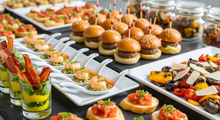 Abundant Buffet Spread Featuring Mini Burgers, Shrimp Appetizers, Bruschetta, and Grilled Vegetables