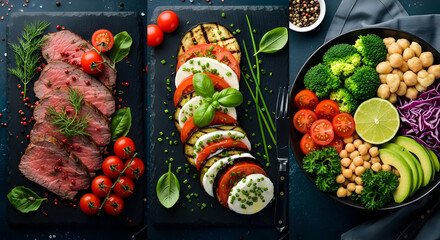 Delicious Gourmet Buffet: Sliced Roast Beef, Caprese Salad, and Healthy Veggie Bowl