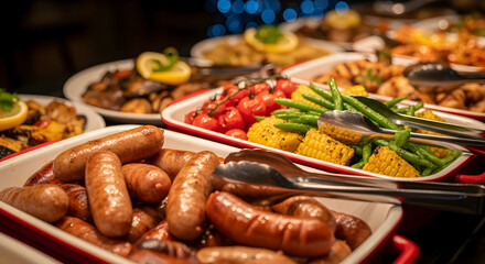 Appetizing buffet spread with sausages, corn, green beans, and roasted vegetables, perfect for catering or restaurant themes.