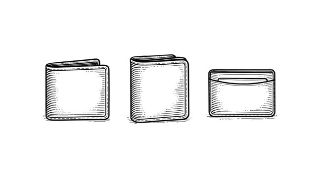 Engraved illustration of three different wallets in a row, isolated on white