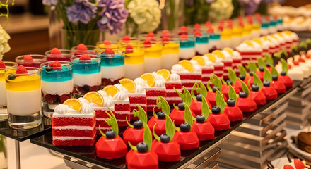 Elegant Dessert Buffet with Colorful Pastries and Jellies