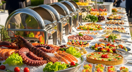 Elegant Seafood Buffet with Appetizers and Tart, Outdoor Event Catering