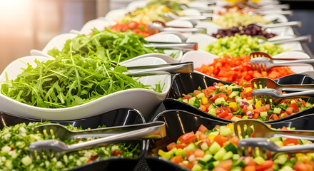 Fresh Salad Buffet Display with Variety of Healthy Ingredients and Tongs