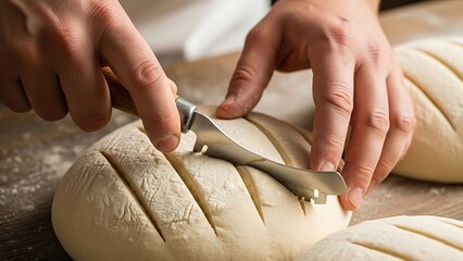 Baker skillfully scoring dough with bread lame, enhancing culinary artistry