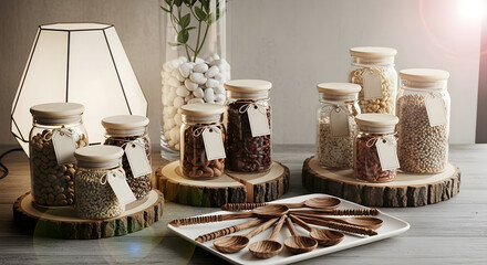 Glass Jars Filled with Various Grains and Beans in a Buffet Setup with Wooden Spoons