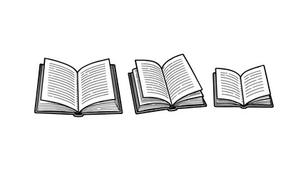 Line art illustration of three open books on a white background