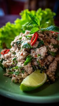Authentic Thai Larb Gai with Fresh Herbs, Chili, and Lime on a Green Plate.
