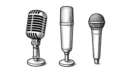 Naklejka na ściany i meble Vintage microphone illustrations in a detailed black and white line art style