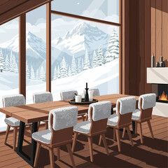Cozy modern dining room with large panoramic window overlooking snowy mountain landscape and forest