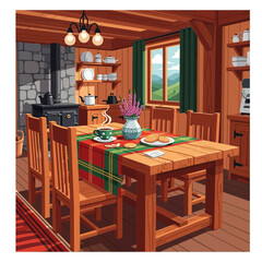 Cozy rustic kitchen interior with wooden furniture and decorative elements