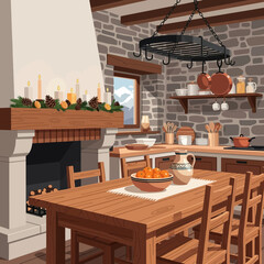 Cozy rustic kitchen with wooden dining table and decorative autumn-themed fireplace mantle