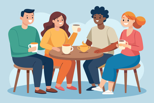 Diverse group of four friends enjoying coffee or tea together while sitting around a small round table - Powered by Adobe