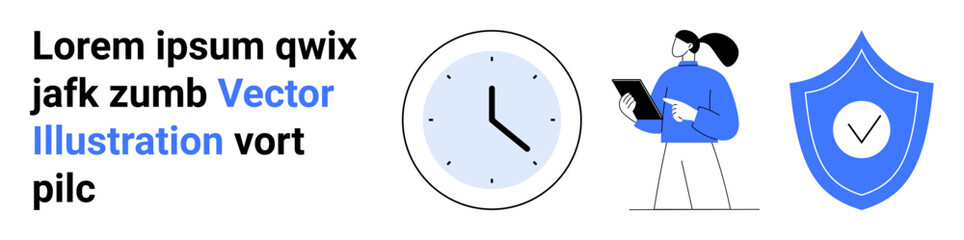 Time management, digital security, productivity, technology, data protection, efficiency. A clock, person with tablet and shield with a checkmark. Time management and digital security theme