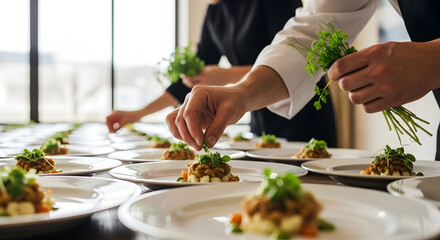 Chef garnishing exquisite individual dishes arranged for a buffet or catering event