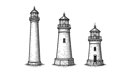 Obraz premium Detailed pen and ink illustration of three classic lighthouses on white background.