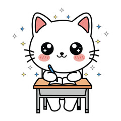 Cute Kawaii Cat Studying at Desk with Notebook and Pen Cartoon Vector Illustration