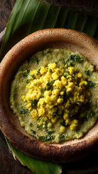 Gourmet Savory Pancake Dish with Vibrant Green Curry and Golden Lentil Crumbles.