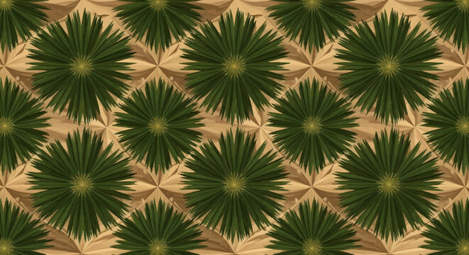 Seamless pattern of green palm leaves and golden geometric shapes tropical nature background for textile and decor abstract floral design