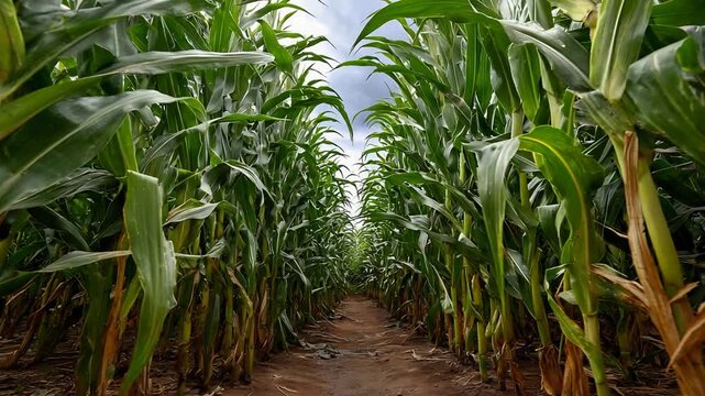 Walking Through a Lush Green Cornfield on a Sunny Day, Celebrating Abundant Agricultural Growth.