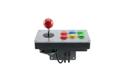 Classic arcade game controller with red joystick and colorful buttons for retro entertainment gaming isolated on black background