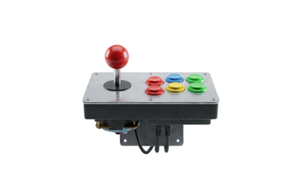 Classic arcade game controller with red joystick and colorful buttons for retro entertainment gaming isolated on black background