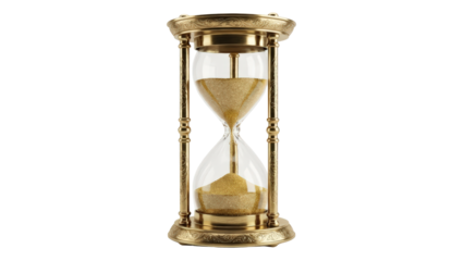 Ornate golden hourglass with sand flowing symbolizing the passage of time and urgency isolated on transparent background