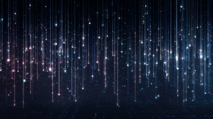 Futuristic dark background showcasing falling glowing white, pink, and blue light particles and data streams onto a faint digital surface.