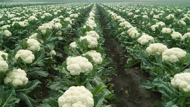 Bountiful Field of Fresh White Cauliflower Plants Growing in Neat Rows on a Farm.