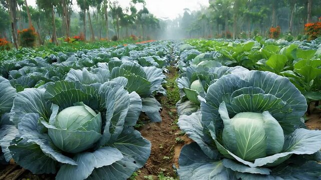 Lush Green Cabbage Field Thriving in Rows on a Sustainable Agricultural Farm.