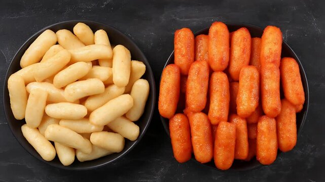 Overhead View of Delicious Korean Rice Cakes Mild Garaetteok and Spicy Tteokbokki in Bowls.