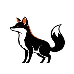 Obraz premium A silhouette-style vector of a fox, colored black with white and a touch of red accent on the tail, featuring a sleek, artistic body contour