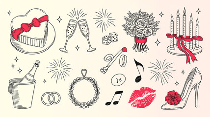 A hand-drawn illustration of wedding and celebration elements arranged on a cream-colored background