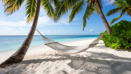 Hyper-realistic beachside hammock tied between two palm trees
