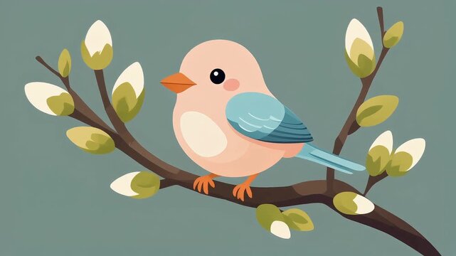Adorable 2D pastel bird perched on a budding pussy willow branch, symbolizing spring and nature.
