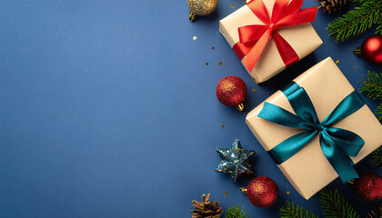 鮮やかな紺の背景。クリスマスプレゼント。ギフトイメージ。Bright navy blue background. Christmas present. Gift image.