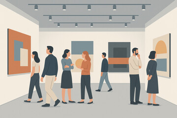 Fototapeta premium Minimalist illustration of a contemporary art gallery with visitors viewing abstract paintings