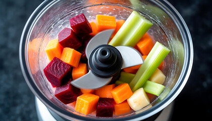 Chopped beetroot, carrot, and celery in a food processor ready for blending or chopping. Healthy food preparation for cooking home meals.
