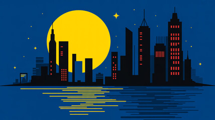 A stylized digital illustration of a nighttime cityscape with a large yellow full moon in the background