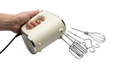Human hand holding modern electric hand mixer with beaters preparing delicious whipped cream for home baking