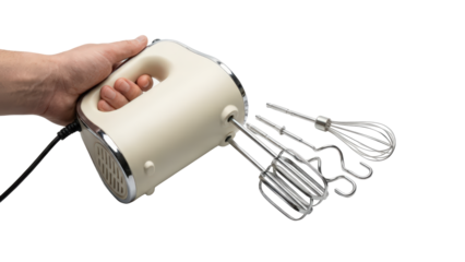 Human hand holding modern electric hand mixer with beaters preparing delicious whipped cream for home baking