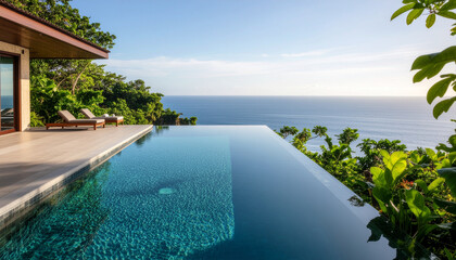 Photorealistic view from an infinity pool at a Bali cliffside resort in Uluwatu