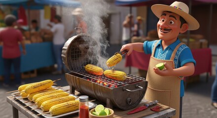 Cheerful food vendor expertly grills corn cobs over glowing embers at an outdoor market stall