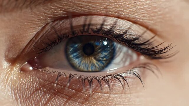 An extreme close-up reveals the intricate details of a human eye, focusing on the vibrant blue and brown tones of the iris surrounding a dark pupil. Long, delicately curled eyelashes frame the express