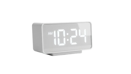 Sleek modern digital alarm clock in white displaying 10:24 AM isolated on black for punctuality