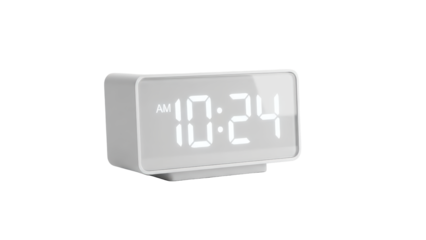 Sleek modern digital alarm clock in white displaying 10:24 AM isolated on black for punctuality