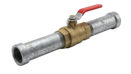 Plumbing galvanized metal pipe and brass ball valve assembly for water supply control isolated on transparent background